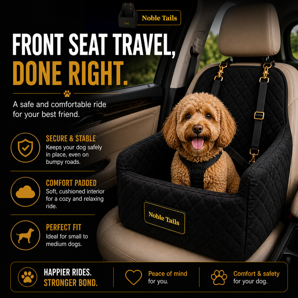 Noble Tails Dog Car Booster Seat - Premium Front Seat Travel Bed for Small & Medium Dogs