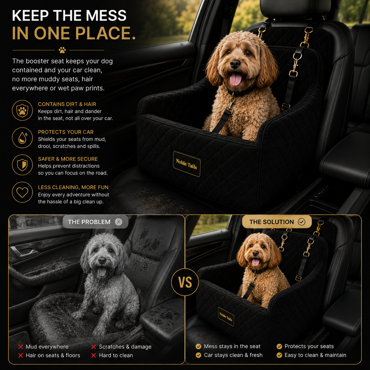 Noble Tails Dog Car Booster Seat - Premium Front Seat Travel Bed for Small & Medium Dogs