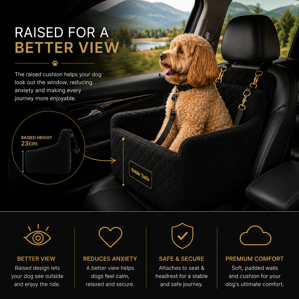 Noble Tails Dog Car Booster Seat - Premium Front Seat Travel Bed for Small & Medium Dogs