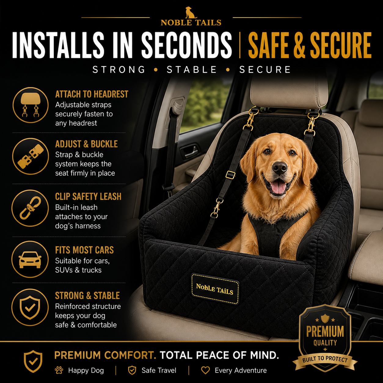 Noble Tails Dog Car Booster Seat - Premium Front Seat Travel Bed for Small & Medium Dogs